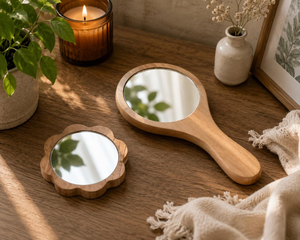 Ensemble de miroirs de maquillage portatifs en bois faits à la main, miroirs de vanité ronds décoratifs en bois naturel, miroir de coiffeuse en bois, décoration d'intérieur, cadeau - Product Image 2