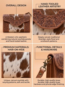 Western Genuine Leather Cowhide Handtooled Short Crossbody Animal Prints Embossed Envelope Purse Vintage Shoulder Coin Holder - Product Image 5