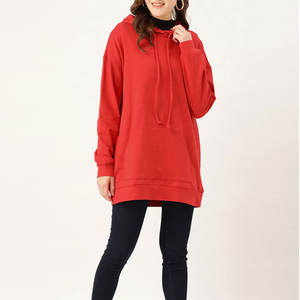 Sudadera con capucha larga de forro polar roja para mujer, diseño de túnica maxi para invierno, venta al por mayor - Product Image 5