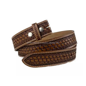 <b>Western</b> Heavy Duty Genuine Full Grain Leather Tooling <b>Belt</b> Basket Embossed Cowboy <b>Belt</b> With Snap Button for Buckle Change - Product Image 2