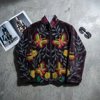 Blouson Bomber en Velours Suzani Broderie Florale Tricotée Col Montant Manches Longues Respirant Coupe-Vent Hiver Automne Femme
