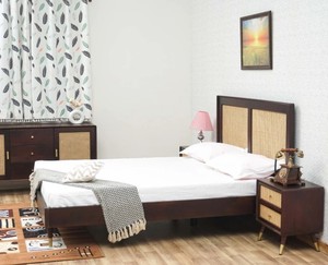 Modern Rattan Headboard <b>Bed</b> Frame Wooden Bedstead Black and Natural Panel <b>Bed</b> for Hotel Home Bedroom - Product Image 2