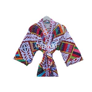 Robe Kimono Courte Bohème en Coton Brodé Fait Main Indien pour Femme – Élégante Tenue de Plage et de Nuit, Col en V, Longueur Genou, Manches Longues, Ceinture - Product Image 4