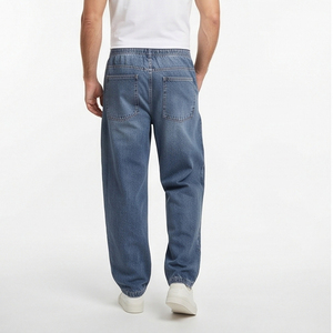 <b>Men's</b> Stonewashed Straight Leg <b>Jeans</b> <b>Mens</b> High Waist Outerwear Wide Legs Denim Pants <b>Men</b> <b>Drawstring</b> Waist Denim Trouser - Product Image 2