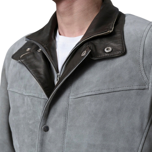 <b>Men's</b> Grey Suede <b>Shirt</b> Jacket With Contrast Leather Turn-down Collar Single Breasted Casual Coat - Product Image 6
