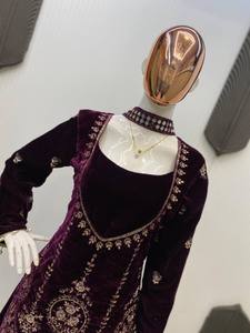 Ensemble brodé en velours avec dentelle, pantalon palazzo en velours et sous-vêtement micro-cousu, tailles M, L, XL et XXL - Product Image 6