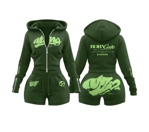 Conjunto Deportivo de Dos Piezas con Diseño Personalizado Vintage, Sudadera con Cierre y Pantalones Cortos con Parches, Fabricante de Conjuntos Deportivos para Mujer - Product Image 1