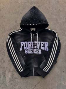 Sudadera con capucha de hombre personalizada, estilo lavado, con cremallera completa, pedrería y rayas laterales estampadas, de gran tamaño, estilo Hip Hop Streetwear, chaqueta con cremallera, ¡la más vendida! - Product Image 1