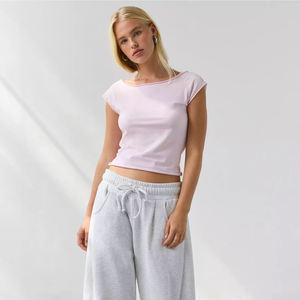 <b>Womens</b> Pink Scoop Neck <b>Cap</b> <b>Sleeve</b> Crop Top Slim Fit Crop Top Streetwear Slim Fit Fashion <b>T</b>-<b>shirt</b> For <b>Women</b> Wholesale Y2K Tops - Product Image 1