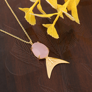 Fish Gemstone Pink Chalcedony Pendant 18k Gold Plated Brass Oval Egg Cabochon Shape Punk Buddhism Fashion Jewelry - Product Image 2
