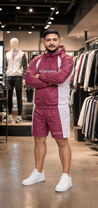 REXFIT SPORTS 2026 Ensemble de survêtement personnalisé pour homme en nylon bordeaux et blanc, 2 pièces, veste coupe-vent à capuche et short, avec marque privée - Product Image 4