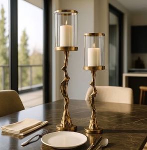 Luxury <b>Gold</b> Metal And Glass Hurricane Candle Holder Premium Decorative <b>Lantern</b> For Dining Room Centerpiece Collection - Product Image 3