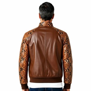 Blouson aviateur en cuir véritable pour homme, manches imprimées python, col montant, fermeture éclair, style moto, mode automne - Product Image 2