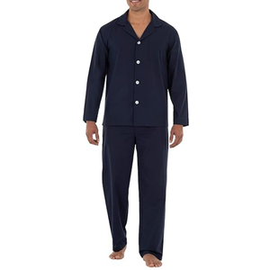 Ensemble de pyjama classique pour homme en coton bleu marine foncé, boutonné sur le devant, manches longues, aéré, durable, confortable, ensembles de vêtements de nuit pour homme - Product Image 1
