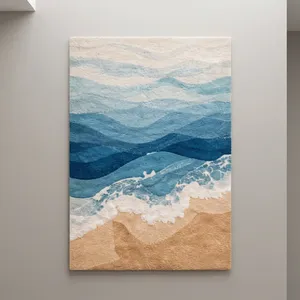 Tapis rectangulaire à motif vagues côtières, en polyester tufté et moelleux, avec envers antidérapant en caoutchouc, idéal pour le salon - Product Image 3