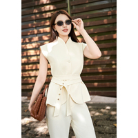 Setelan Celana Kerja Wanita Dua Potong, Atasan Berlengan Pendek Berikat Pinggang, Celana Flare, Bahan Polyester Spandex, Kerah Tegak
