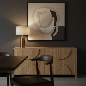 Buffet en bois moderne demi-cercle, meuble de rangement en bois à 4 portes avec panneau en arc, design moderne en arc - Product Image 3