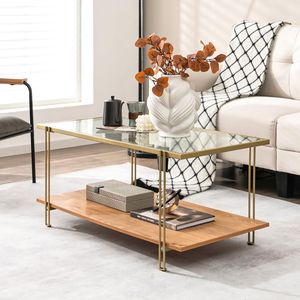 2 Tiers <b>Rectangle</b> Glass <b>Coffee</b> <b>Table</b> with White and Gold Steel Frame for Living Room - Product Image 2