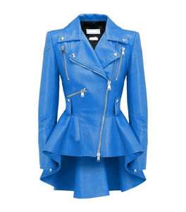 Natural Leather Women Jacket Real Sheep Blue <b>Zipper</b> Fashion Designer Autumn Winter Breathable Letter Logo - Product Image 1