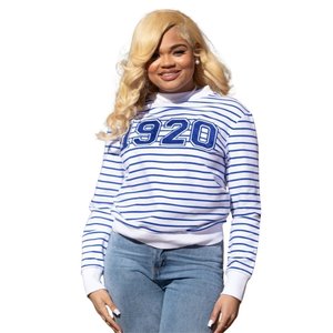 Sweat-shirt rayé bleu et blanc Zeta Phi Beta 1920 pour femme, haut décontracté brodé de lettres grecques en chenille - Product Image 1