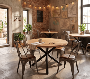 Industrial Mango Wood <b>Dining</b> <b>Table</b> Round 4 Seater Bistro Café Desk Restaurant Furniture Office Furniture - Product Image 1