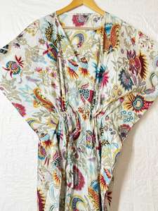 Robe Kaftan Bohème Florale en Coton, Cache-maillot de Plage, Col en V, Taille à Cordon, Coupe Ample Maxi, Tenue de Vacances - Product Image 4