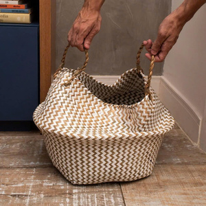 Cesta de almacenamiento de hierba marina tejida estilo bohemio, plegable, para macetas, lavandería y compras, con asa, al por mayor - Product Image 1