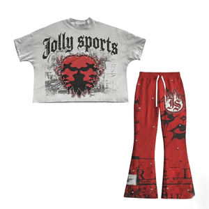Women <b>Crop</b> <b>Top</b> Pant Set 320 GSM Cotton Fleece Soft Heavyweight <b>Red</b> Puff Print Custom Logo Tracksuit Women's Sets - Product Image 5