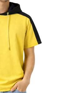 Custom <b>Mens</b> Short Sleeve <b>Hoodie</b> T Shirt Casual Pullover Hooded Top Soft Cotton Summer Wear Bright <b>Yellow</b> Black Color Streetwear - Product Image 4