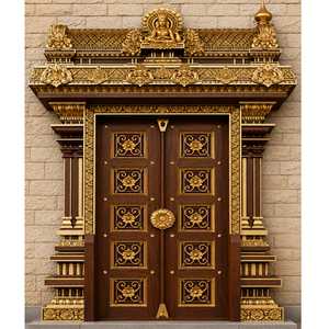 Puerta de Entrada Principal Tallada a Mano de Estilo Templo del Sur de la India, Puerta de Entrada de Lujo de Madera Tallada a Mano de Estilo Templo - Product Image 1