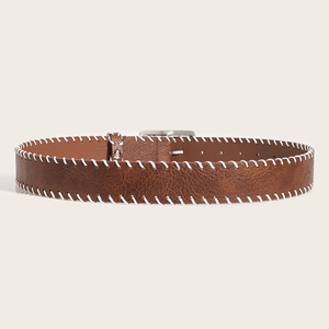 Ceinture en cuir véritable marron avec surpiqûres blanches, boucle rectangulaire argentée, style décontracté, durable, moulage monobloc - Product Image 3