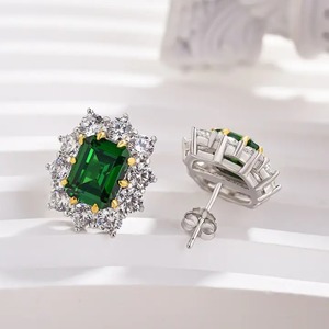 925 Moissanite Diamond Vintage Flower Design <b>Emerald</b> Cut <b>Emerald</b> Green Earrings In Sterling Silver White Gold Plated for Women's - Product Image 3