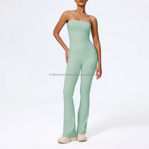 Body de yoga rosa con cuello halter y fruncido, de cintura alta, sin mangas, de una pieza, para mujer, ropa deportiva. - Product Image 6