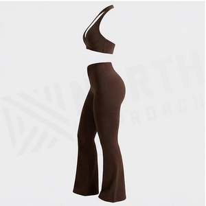 North Approach 2 Piece Yoga Set Deep V Halter Crop Top High Waist Full Length <b>Flared</b> <b>Leggings</b> Solid Brown Breathable Seamless - Product Image 3
