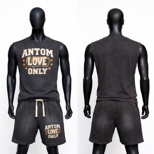 ชุดเซ็ตเสื้อกล้ามและกางเกงขาสั้นผู้ชาย ผ้าใยไผ่ 100% ระบายอากาศได้ดี ประดับเพชร สไตล์สตรีทแวร์ลำลอง ชุดลำลองฤดูร้อน 2 ชิ้น - Product Image 1