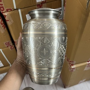 Full Engraved Brass Cremation Urn Platinum Finish Customizable Funeral Adult Ashes Urn Indian Urns Manufacturer Wide Range - Product Image 5