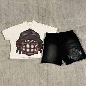 ชุดเสื้อยืดและกางเกงขาสั้นสตรีทแวร์ 2 ชิ้น สวมใส่สบายสำหรับผู้ชาย รับสั่งทำสีและลายพิมพ์ ชุดลำลองผ้าฝ้ายสำหรับผู้ชาย - Product Image 5