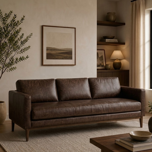 Luxury Dark <b>Brown</b> Leather <b>Sofa</b> with Solid Wood Legs Mid Century Modern 3 Seater Couch for Living Room Furniture - Product Image 1