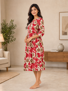 Robe midi pour femme à imprimé floral rouge, col rond, manches trois quarts, coupe évasée, tenue décontractée, robe traditionnelle indienne - Product Image 2