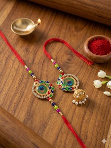 Designer Peacock Rakhi Set Colorful <b>Beaded</b> <b>Thread</b> with Pearl Lumba Rakhi - Product Image 3