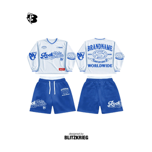 Ensemble de survêtement Rock Star blanc et bleu |   Maillot et short surdimensionnés à manches longues |   Ensemble de graphismes personnalisés OEM pour le marché mondial, marque privée - Product Image 1