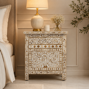 Flower Design Bone Inlay Nightstand <b>Side</b> Table Handmade <b>Drawer</b> Chest Modern Bedroom Furniture - Product Image 1