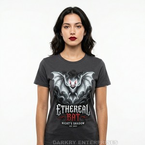 Fabricante de Camisetas Personalizadas para Mujer, Camiseta con Gráfico de Murciélago Etéreo, 100% Algodón, Color Carbón, Estilo Banda Night Shadow, Fábrica OEM - Product Image 1
