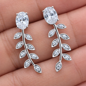 Trendy Women's White Cubic Zircon Leaf Dangle Drop Earrings Fine Sterling Silver Rhodium Plated Anniversary Engagement Rhaya - Product Image 1