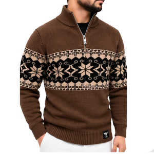 Mens <b>Brown</b> Fair Isle Quarter Zip <b>Wool</b>/Acrylic Anti-Pilling Anti-shrink Sweater Nordic Snowflake Jacquard Knit Pullover High Neck - Product Image 1