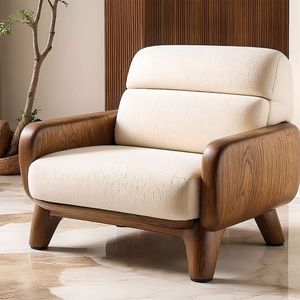 Sillón de Salón de Madera Maciza con Estructura Redondeada y Cojín Tapizado de Felpa para Sala de Estar de Lujo o Vestíbulo de Hotel - Product Image 1