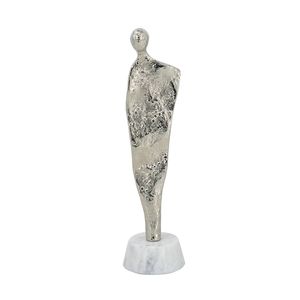 Scultura Astratta in Alluminio a Forma di Figura Umana, Argento/Bianco, 3.5x3x12 Pollici, con Base in Marmo - Product Image 1