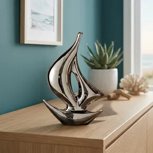 Statue de bateau à voile en argent, objet nautique de collection avec base en bois, décoration pour la maison, salon, bureau, cadeau - Product Image 6