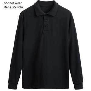 Polo à manches longues pour homme, bleu uni, tissu tricoté décontracté, coupe classique - Product Image 3