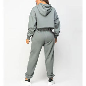<b>Women's</b> <b>Grey</b> Cropped Hoodie Jogger Pants 2 Piece <b>Tracksuit</b> Set Oversized Sweatshirt Casual Loungewear Streetwear 100% Cotton - Product Image 2